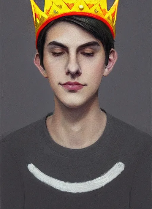 Image similar to portrait of teenage jughead jones wearing a light grey crown, photorealistic, crown, eyes closed, crown, black hair, sweater with letter s on it, letter s, intricate, elegant, glowing lights, highly detailed, digital painting, artstation, concept art, smooth, sharp focus, illustration, art by wlop, mars ravelo and greg rutkowski