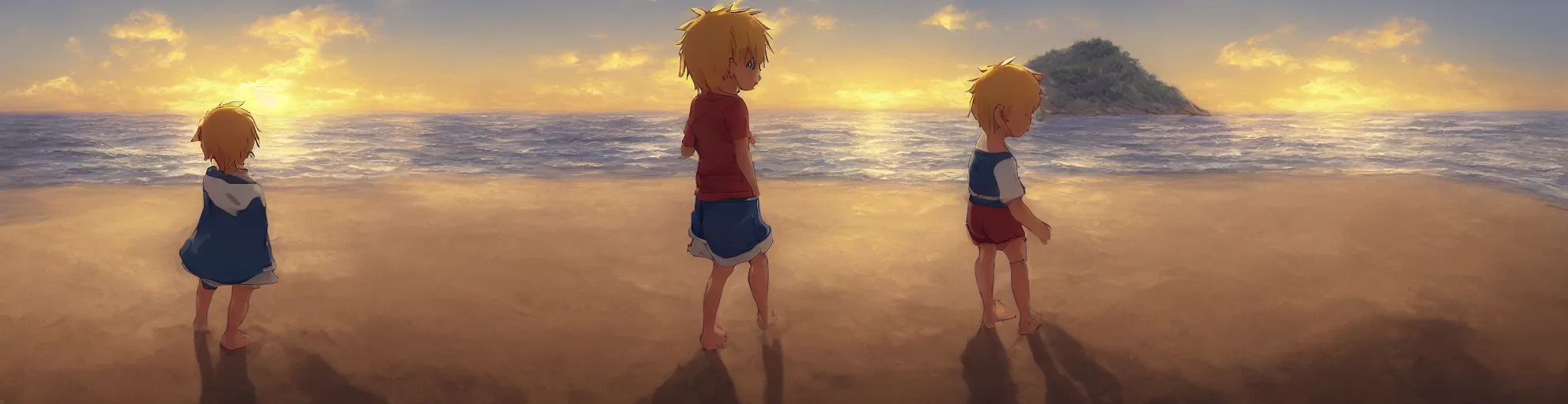 Prompt: beautiful, detailed digital painting of a blond-haired child making sandcastles on the beach and looking at the sunset, anime by Makoto Shinkai, sand, waves, trending on artstation