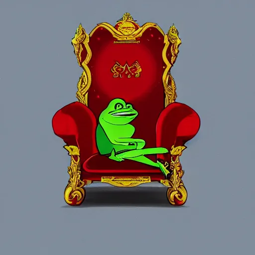 Prompt: pepe the frog sitting on a red and gold throne, beautiful, 4 k, artstation, detailed