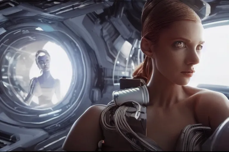 Image similar to VFX movie of a futuristic space woman model gorgeous portrait in inhuman future spaceship, cyberpunk dress, beautiful natural skin natural lighting by Emmanuel Lubezki