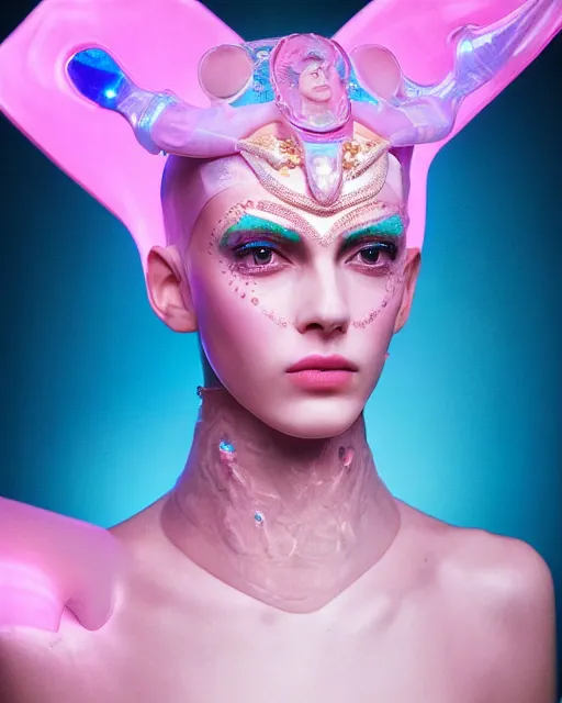 Image similar to natural light, soft focus portrait of an androgynous android with soft synthetic pink skin, blue bioluminescent plastics, smooth shiny metal, elaborate diamond ornate head piece, piercings, face tattoo, skin textures, by annie liebovotz, paul lehr,