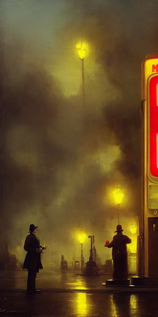 Image similar to a gas station in 1 9 4 0 with yellow and red light in the middle of the night, a men stand up next to the pump, mystical blue fog, oil on canvas, art by andreas achenbach, clemens ascher, tom bagshaw and sabbas apterus,