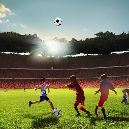 Image similar to boys playing soccer on a floodplain field with family members sitting in the stands, south america's, sunny day, atmosphere, dynamic light, photorealistic, dynamic light, ultra detailed