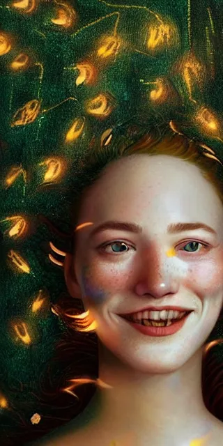 Prompt: a totally amazed smiling young woman surrounded by golden firefly lights in a mesmerizing scene, sitting amidst nature fully covered! intricate detailed dress, long loose red hair, precise linework, accurate green eyes, small nose with freckles, beautiful smooth oval head, expressive emotions, hyper realistic ultrafine portrait by artemisia gentileschi, jessica rossier, boris vallejo