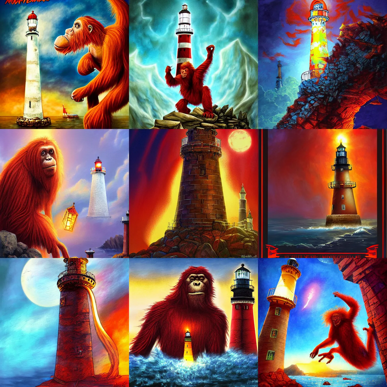 Prompt: might and magic 6 poster artwork, red orangutan climbing on lighthouse, oil, vibrant color, pen edges, fantasy digital art, 4 k,