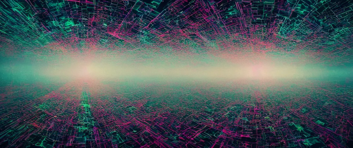Image similar to dream landscape, simulation, glitch art, volumetric object, physical particles, translucence, cinematic lighting, iridescence, by ash thorpe