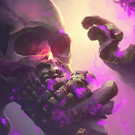 Image similar to floating skulls with violet smoke trails, two fangs, violet theme, epic fantasy digital art style, fantasy artwork, by Greg Rutkowski, fantasy hearthstone card art style