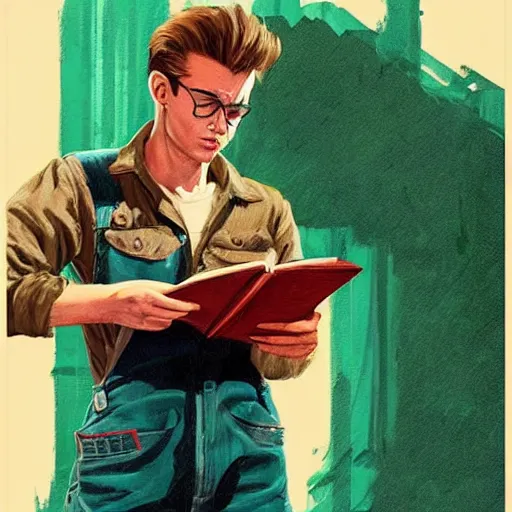 Image similar to a highly detailed epic cinematic concept art CG render digital painting artwork costume design: young James Dean as a well-kept neat mechanic in 1950s USSR green dungarees and big boots, reading a book. By Greg Rutkowski, Ilya Kuvshinov, WLOP, Stanley Artgerm Lau, Ruan Jia and Fenghua Zhong, trending on ArtStation, subtle muted cinematic colors, made in Maya, Blender and Photoshop, octane render, excellent composition, cinematic atmosphere, dynamic dramatic cinematic lighting, aesthetic, very inspirational, arthouse