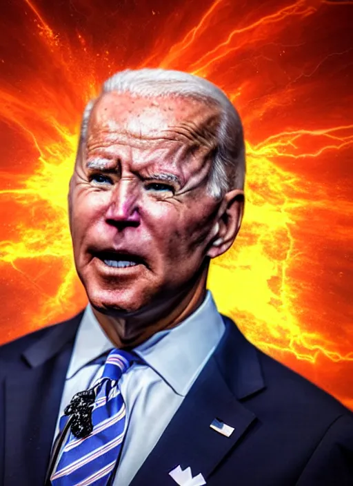 Image similar to hyper realistic ultra realistic omnipotent photo furious red glowing eyes biden, high quality photo, detailed , 8k