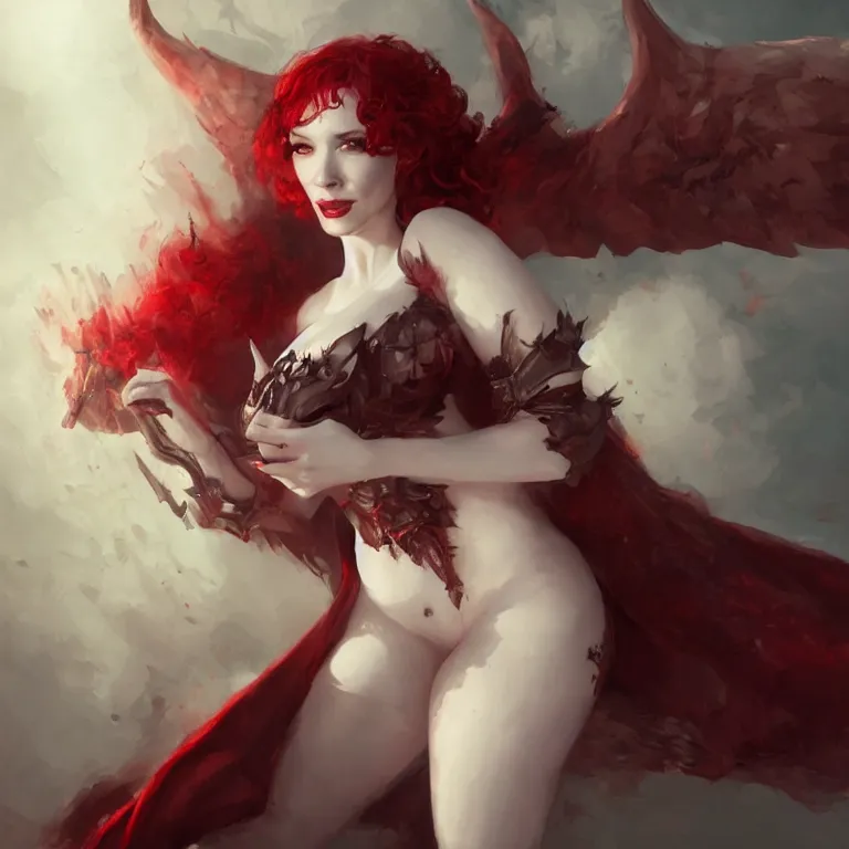 Image similar to Portrait of Christina Hendricks as a beautiful pale laughing succubus maiden with dark wings, nimbus, and devil's horns, red lighting, masterpiece 4k digital illustration by Ruan Jia and Mandy Jurgens and Artgerm, highly detailed, trending on artstation, award winning