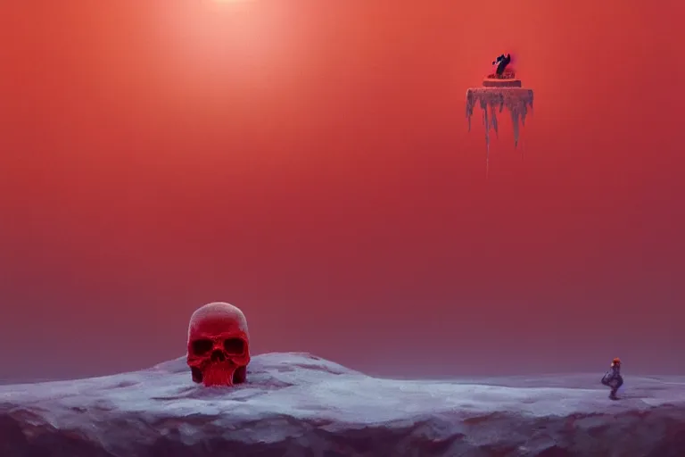 Image similar to a hd render of a floating red skull, surreal frozen landscape, cinematic lighting, by beeple and zdzisław beksinski