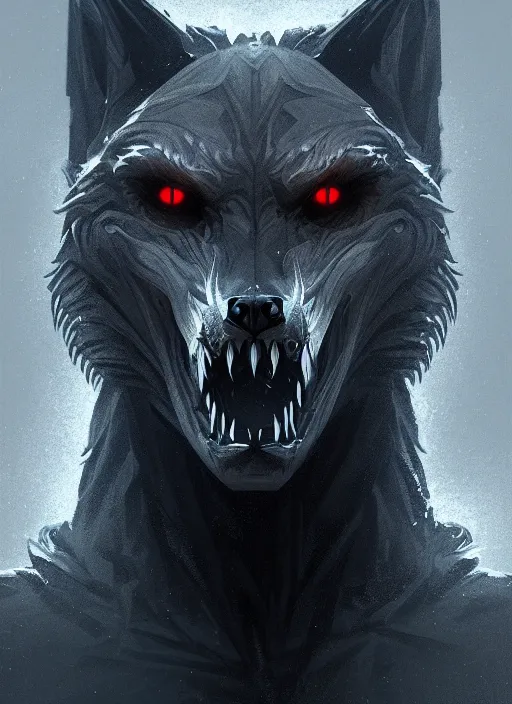 Image similar to symmetry!! portrait of dark grey werewolf, horror, night time lighting, intricate, scary, highly detailed, digital painting, artstation, concept art, smooth, sharp focus, illustration, art by greg rutkowski