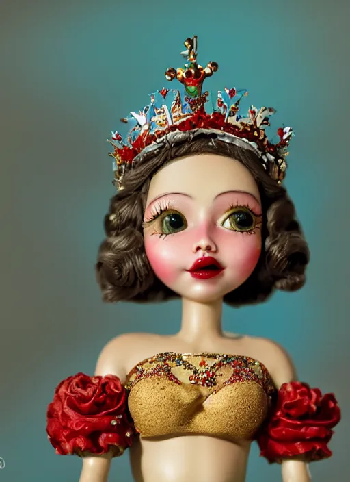 Prompt: closeup face profile portrait of a tin toy fairytale princess wearing a crown eating cakes, bikini, depth of field, zeiss lens, detailed, symmetrical, centered, fashion photoshoot, by nicoletta ceccoli, mark ryden, lostfish, breathtaking, 8 k resolution, extremely detailed, beautiful, establishing shot, artistic, hyperrealistic, octane render