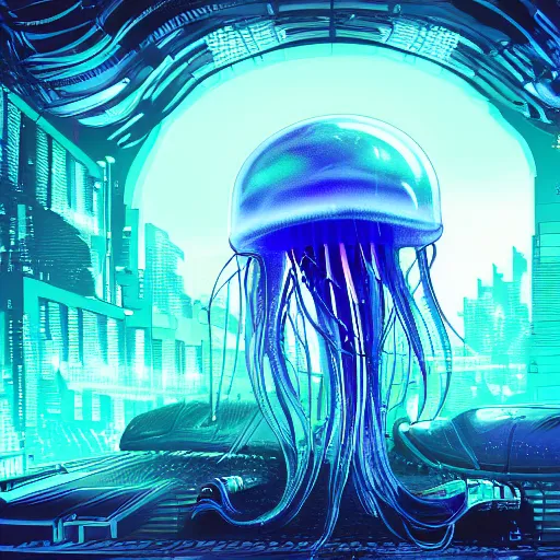 Prompt: hyperdetailed digital illustration of a voluptuous jellyfish, with cyberpunk details. seen from the distance. hd matte background