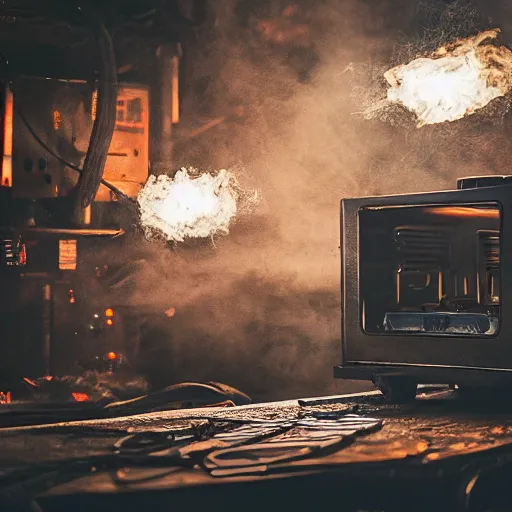 Image similar to cyborg with toaster oven chest, dark messy smoke - filled cluttered workshop, dark, dramatic lighting, orange tint, sparks, cinematic, highly detailed, sci - fi, futuristic, movie still