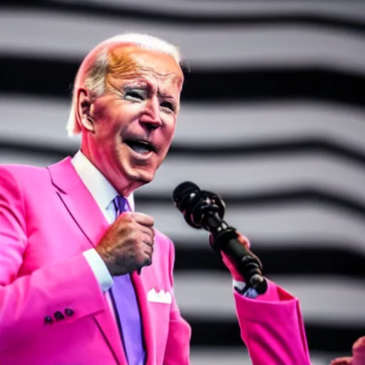 Prompt: photo of joe biden wearing a pink outfit singing into a microphone on a stage at a live concert, exciting, 8 k, very detailed,