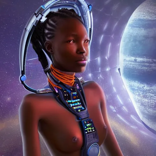 Prompt: beautiful futuristic himba girl inside a space station, robotic arms, fiber optic hair, hyperrealistic, sci - fi, - n 9