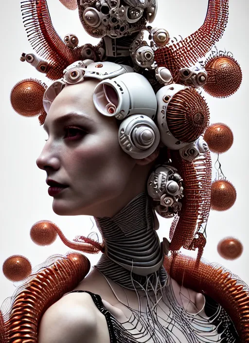 Image similar to portrait of an absurdly beautiful, graceful, sophisticated, fashionable cyberpunk mechanoid, hyperdetailed illustration by irakli nadar and alexandre ferra, intricate linework, white porcelain skin, faberge, coral and jellyfish headdress, octane render, gsociety, global illumination, radiant light, detailed and intricate environment