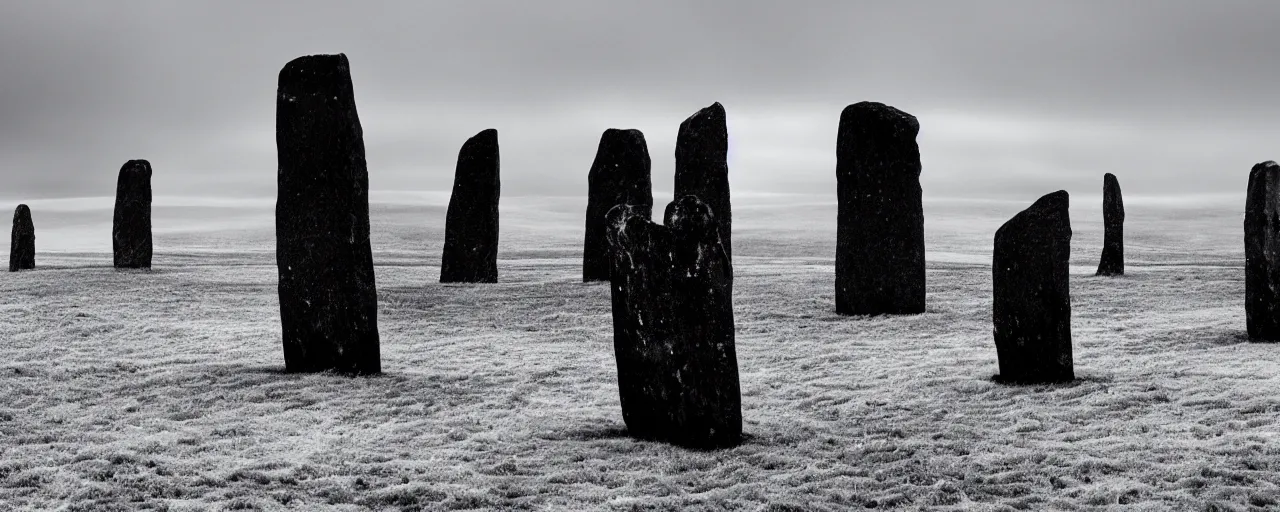 Prompt: The grim reaper stands stands among the neolithic standing stones of stenness, black and white, fog, grainy, snow, clouds