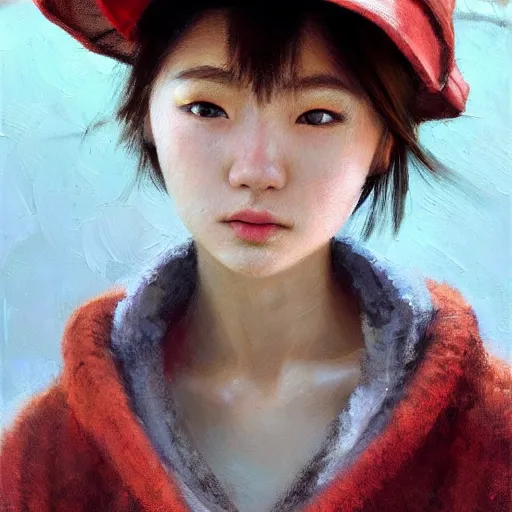 Image similar to oil painting by ilya kuvshinov,, baugh casey, craig mullins, coby whitmore, of a youthful japanese girl, long hair, fishing and wearing fisherman's outfit, fisherman's hat, highly detailed, breathtaking face, studio photography, noon, intense bounced light, water reflection, large tree casting shadow, serine intense sunlight