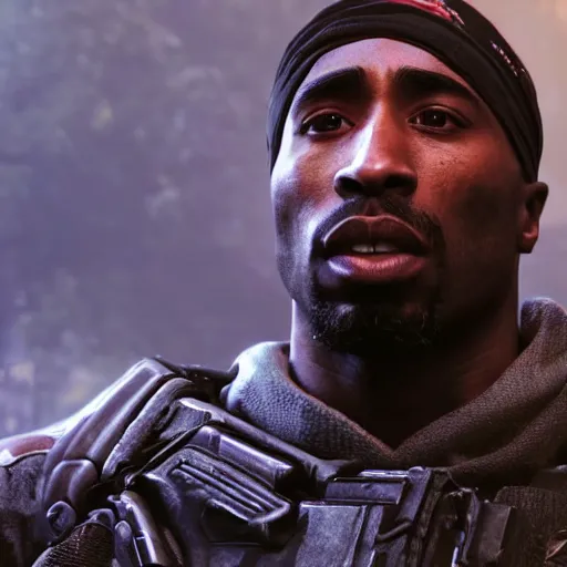 Image similar to Portrait of tupac shakur in Gears of War, splash art, movie still, cinematic lighting, dramatic, octane render, long lens, shallow depth of field, bokeh, anamorphic lens flare, 8k, hyper detailed, 35mm film grain