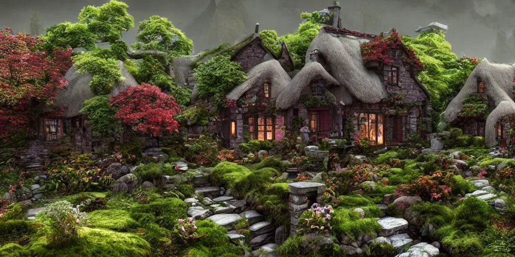 Image similar to Enchanted Irish cottage in a Bonsai garden, richly colored ominous fantasy by Tang Sin Yun, featured on artstation, 3D, digital art, insanely detailed, octane render, unreal engine