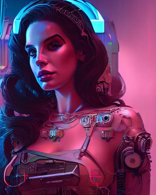 Image similar to portrait of lana del rey as a cyberpunk cyborg. roses, sci - fi, intricate abstract, upper body, intricate artwork, by tooth wu, wlop, beeple, dan mumford. concept art, 8 k octane render, deviantart, greg rutkowski, cinematic, key art, hyperrealism, iridescent accents