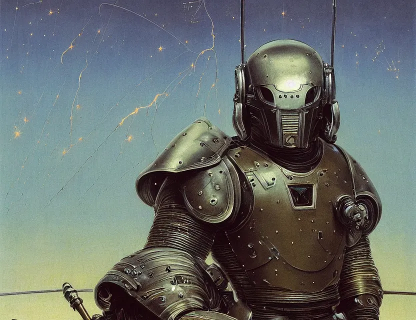 Image similar to a detailed portrait painting of a bounty hunter in combat armour and visor. cinematic sci-fi poster. Flight suit and wires, accurate anatomy. Samurai influence, knight influence. fencing armour. portrait symmetrical and science fiction theme with lightning, aurora lighting. clouds and stars. Futurism by beksinski carl spitzweg moebius and tuomas korpi. baroque elements. baroque element. intricate artwork by caravaggio. Oil painting. Trending on artstation. 8k