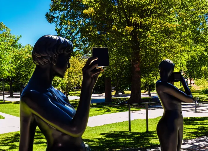 Image similar to photo still of a bronze statue of a woman using an iphone to take a selfie in a park on a bright sunny day, 8 k 8 5 mm f 1 6