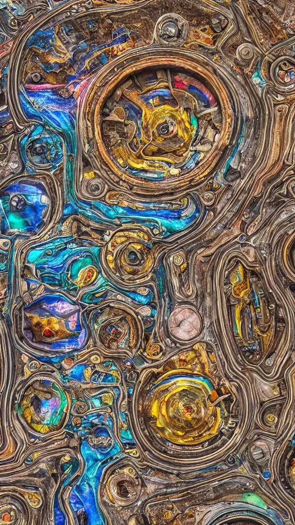 Image similar to ultra realistic macro photography of the giant psychedelic magical machine embedded within the mountain, colourful sedimentary and igneous rock and marble, industrial machinery, pistons, pipes and valves, super conducters, circuitry. 8k geology photographic cross section