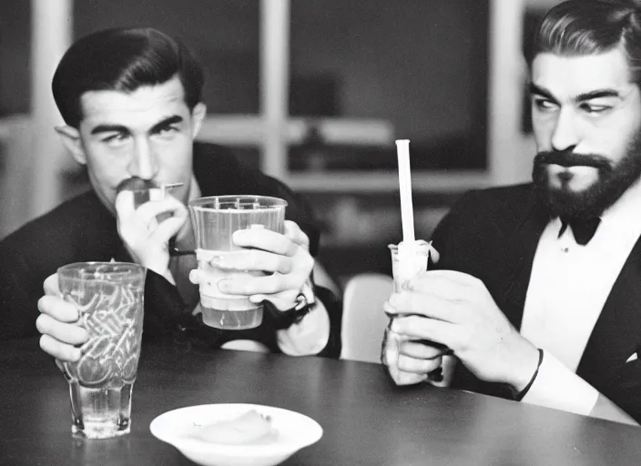 Image similar to a 35mm photograph from the 1930's of two mean looking gangsters sharing a milkshake with two straws, bokeh, Canon 50mm, cinematic lighting, photography, retro, film, Kodachrome, closeup