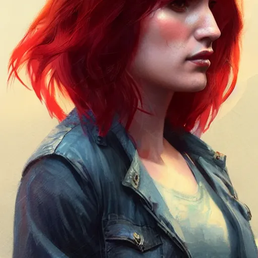 Image similar to Aya Cash with red and blue ombre hair, illustrated by Greg Rutkowski, 4k, 8k, photorealistic portrait imagery, dappled lighting, trending on artstation, artstationHQ, artstationHD.