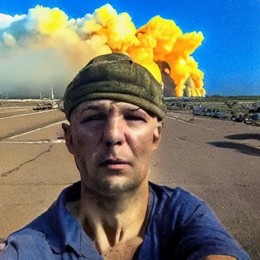 Image similar to a selfie of a ukrainian in yellow - blue rags against the backdrop of a nuclear explosion shoots himself in the head to die a less painful death