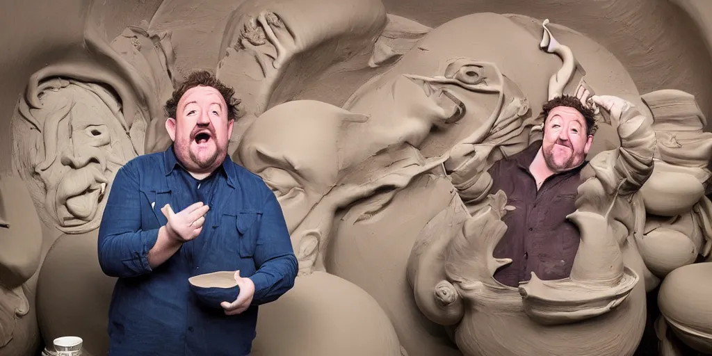 Image similar to johnny vegas making a very large clay teapot, art school, studio, wet clay, photorealistic, stand up comedy, audience, stage