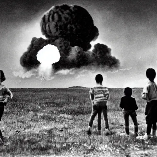 Prompt: group of kids watch as a nuclear bomb goes off in the background, nuclear detonation, burst, blow up, big mushroom cloud, group of kids watching an explosion in the distance