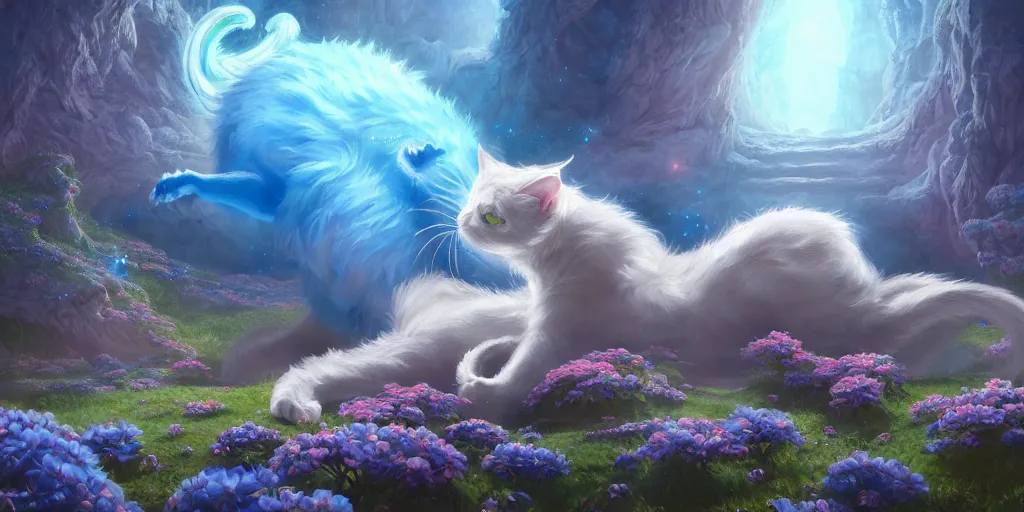 Image similar to A realistic painting of The Creation Cat and its Palace on blue flowers, in the style of Krenz Cushart, Moebius, and Muchain, Prismatic, Rococo, highly detailed, masterpiece, dreamy, award-winning, sharp focus, concept art, Cinema lighting, 8k, trending on artstation