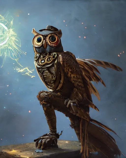 Image similar to oil painting of Anthropomorphized Steampunk Owl Sniper aiming steampunk gun, sharp focus, exploding golden steampunk city background, full body, heroic pose, fantasy style, octane render, volumetric lighting, 8k high definition, by greg rutkowski, highly detailed, trending on art Station, magic the gathering artwork, centered, dramatic artwork