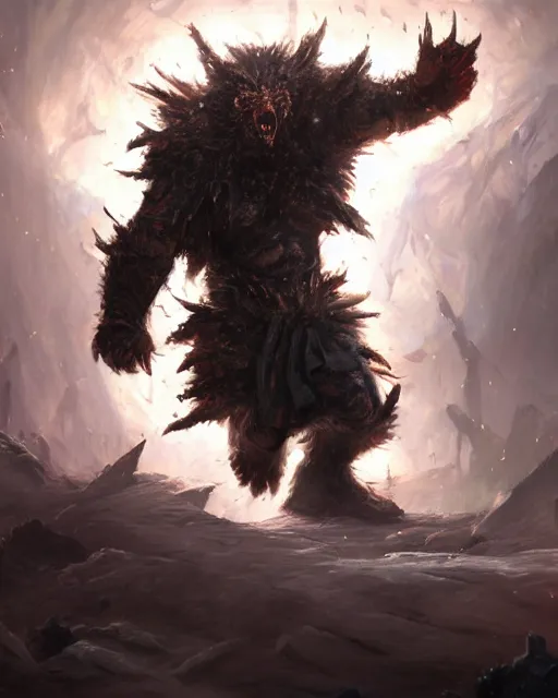 Prompt: oil painting of Angry Anthropomorphized Void Berserker, wearing fur armor, claws, sharp focus, attack pose, fantasy style, octane render, volumetric lighting, 8k high definition, by greg rutkowski, highly detailed, trending on art Station, magic the gathering artwork, burning Battlefield background, centered