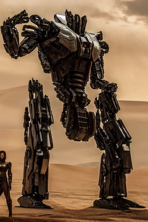 Image similar to cinematic still in westworld and dune movie and pacific rim movie and ps 5 game machine warrior 5, intricate ornate humanoid mecha warrior,