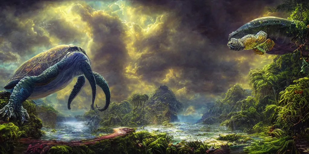 Image similar to fantasy oil painting, great leviathan, turtle cephalopod terrapin reptilian pachyderm amphibian hybrid, rainforest mountains, lush plants flowers, epic natural light, bright clouds, luminous sky, alien spacecraft, outer worlds, bright cinematic key lighting, michael cheval, michael whelan, vray, 8 k hd