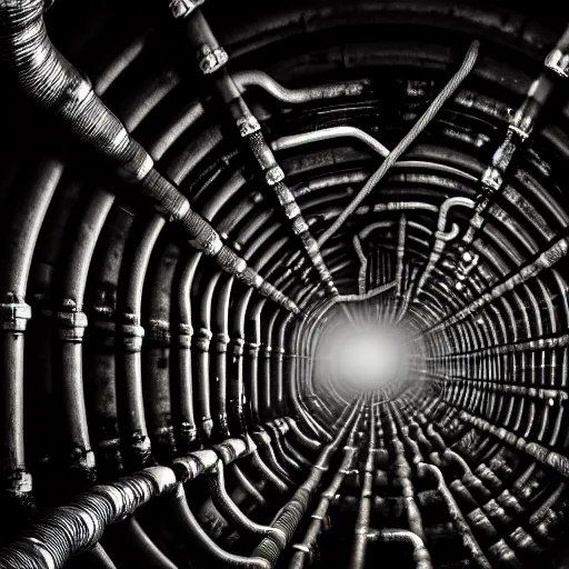 Prompt: a tunnel of leaky pipes and tubes, stretching out into an infinite abyss, broken, sewer, dark atmosphere, horror, unsettling, 4 k, high definition, intricate detail, chaotic,