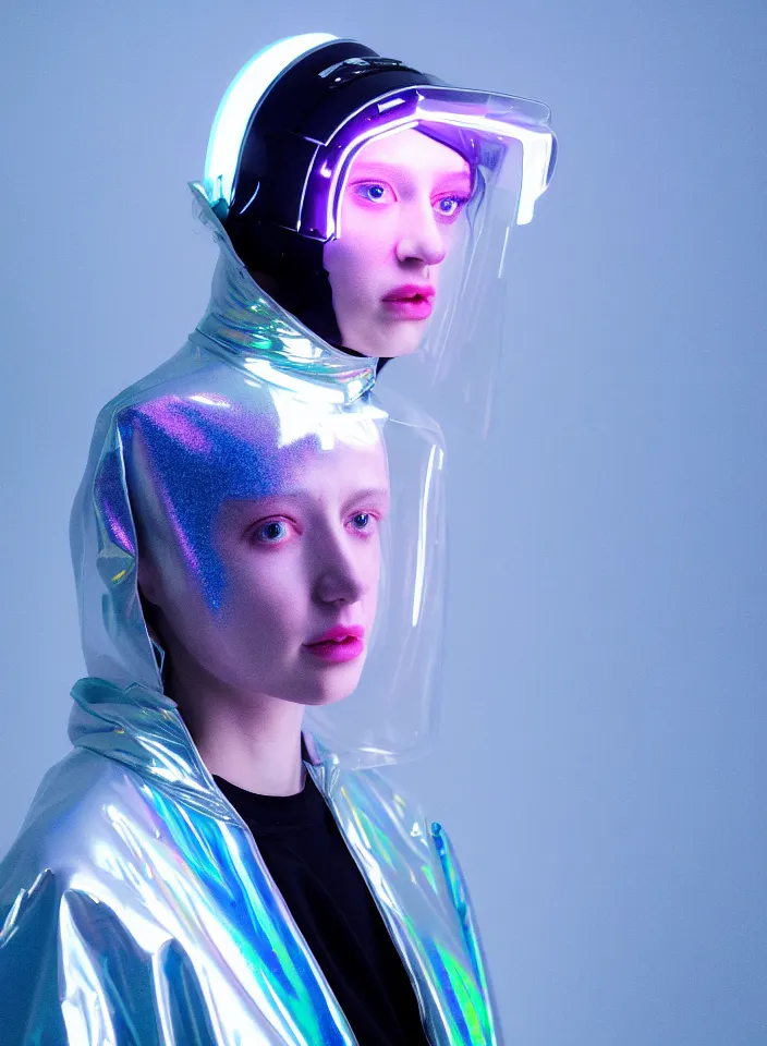 Image similar to an ultra high definition professional studio quality photograph of an artificially intelligent cyberpunk art influencer wearing a transparent iridescent pastel coloured face visor and matching bubbly puffy raincoat on white coat hook in a sheer icelandic black rock environment. three point light. dramatic lighting. volumetric shadows. light rays