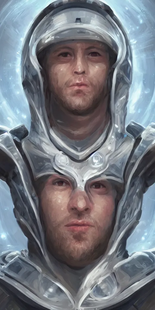 Image similar to of a hyper _ realistic _ proportional _ stylization _ portrait _ of _ a _ techpunkk _ war _ cleric _ in _ a _ futuristic _ pearl _ armor _ full _ of _ astral _ runes _ the _ backgro.