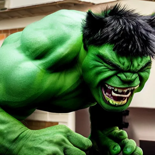 Image similar to hulk cat, big green muscular cat, demanding food from its owner