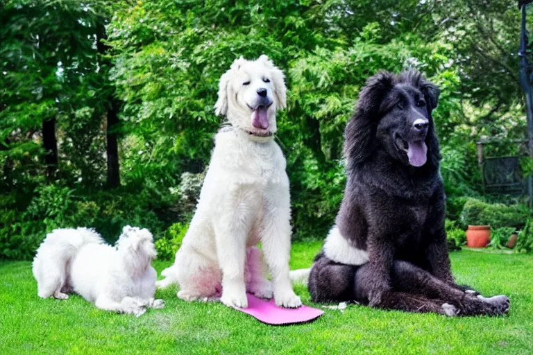 Prompt: large dogs doing yoga in a garden, white picket fence, happy, serene, cinematic, 4 k, photorealistic, press photo,