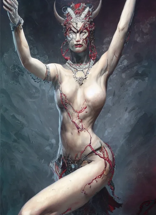 Image similar to a detailed body portrait of a elegantly dressed female tiefling dancing, queen of blades, a beautiful face, by dorian cleavenger, by greg rutkowski, by wlop, by astri lohne, by zdzisław beksinsk, by bastien lecouffe - deharme