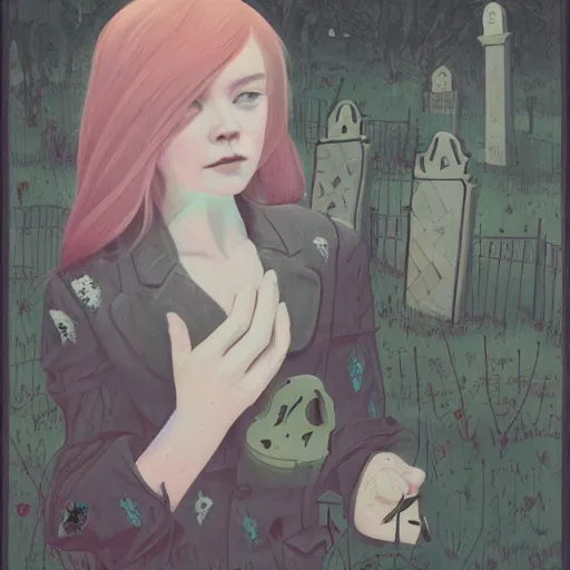 Prompt: Elle Fanning in a graveyard with ghosts picture by Sachin Teng, asymmetrical, dark vibes, Realistic Painting , Organic painting, Matte Painting, geometric shapes, hard edges, graffiti, street art:2 by Sachin Teng:4