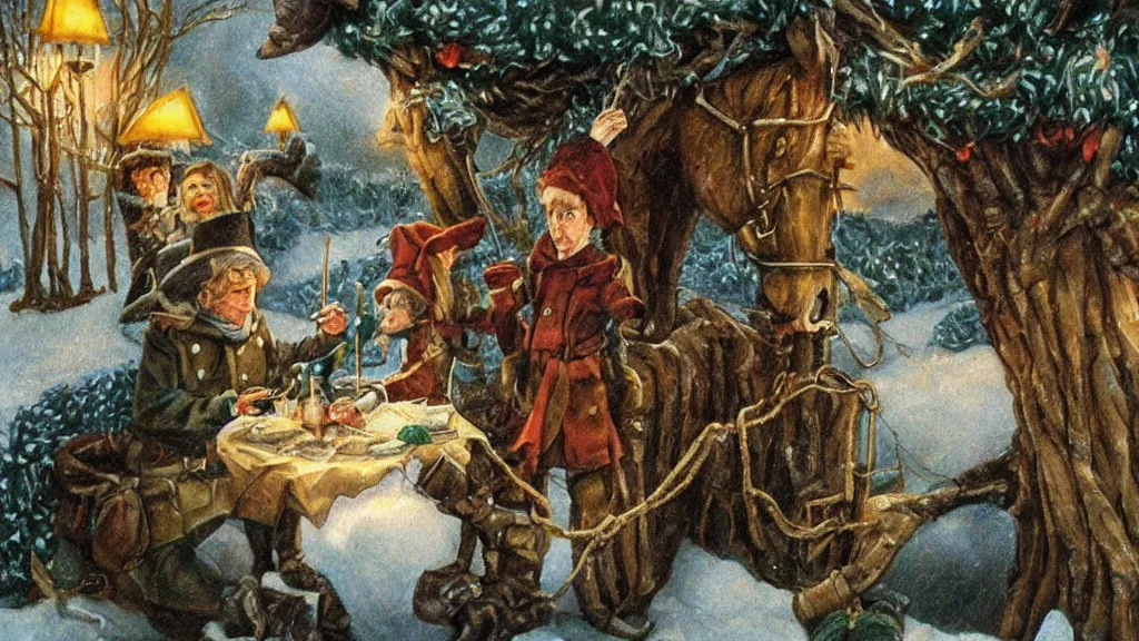 Image similar to an oil painting in the style of alan lee depicting the plot of the movie elf ( 2 0 0 3 )