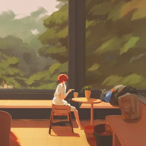 Image similar to woman sitting in a cafe, cottagecore, atey ghailan, goro fujita, studio ghibli, rim light, sharp lighting, clear focus, very coherent,