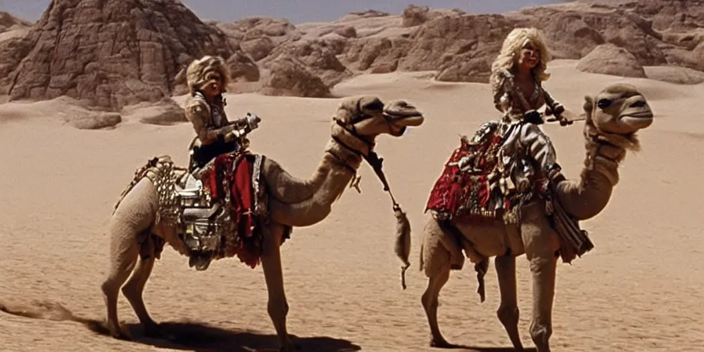 Prompt: Dolly Parton is riding a camel in a Star Wars fight scene, holding lightsaber, X-wing Starfighter